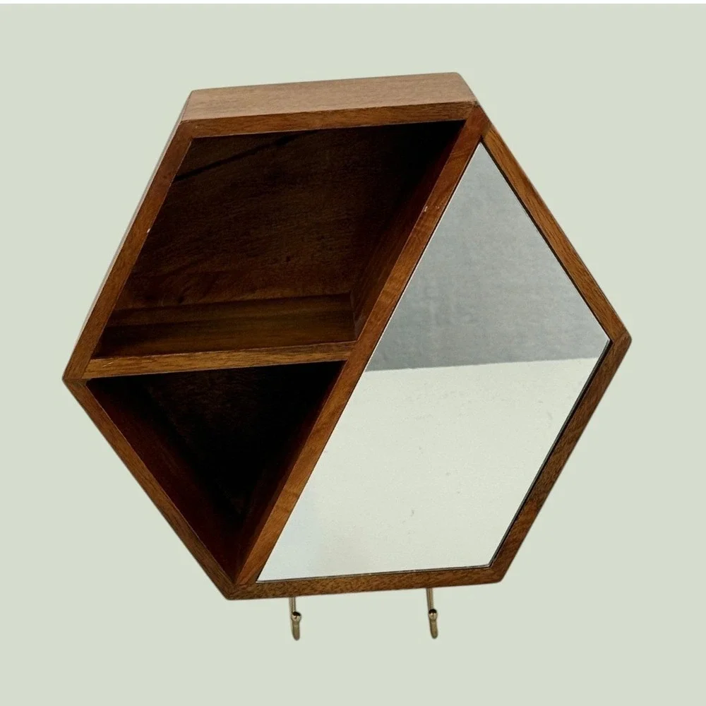 Hexagon Wood Wall Shelf with Mirror and Brass Hooks Geometric Entryway Decor